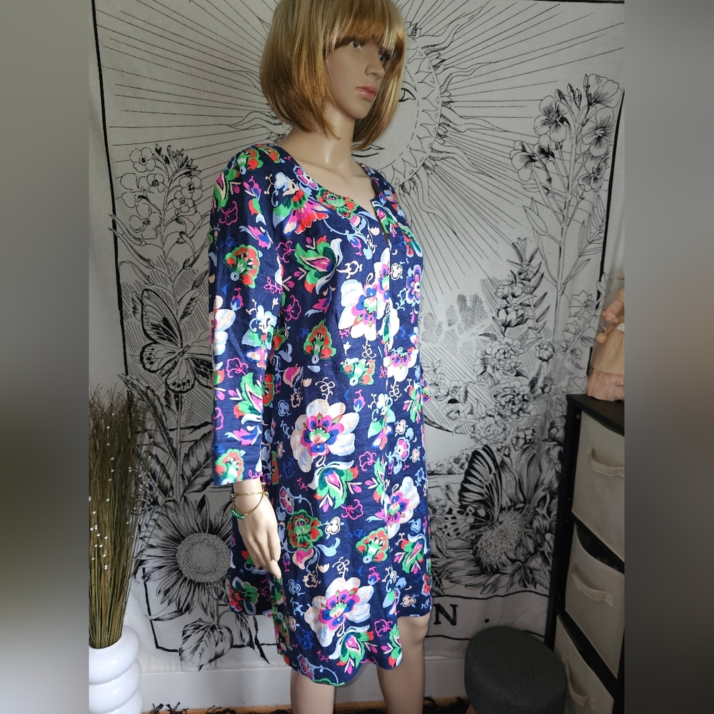 Boden Linen Floral Dress Women's 14 R Blue Multicolor 3/4 Sleeve Pockets